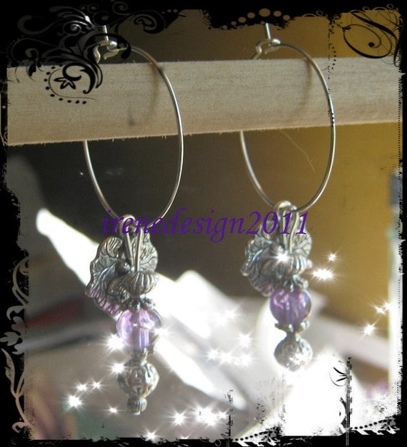 Handmade Silver Hoop Earrings with Crackled Amethyst & Dragonfly by IreneDesign2011