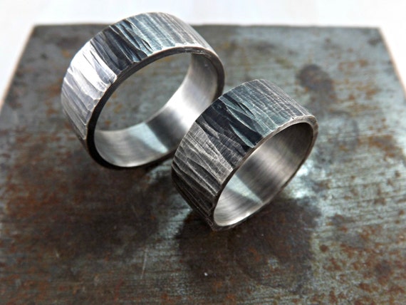 wedding bands, tree bark rings, two rustic wedding rings, hammered silver rings 8mm wide, waterfall pattern, wide silver rings handmade