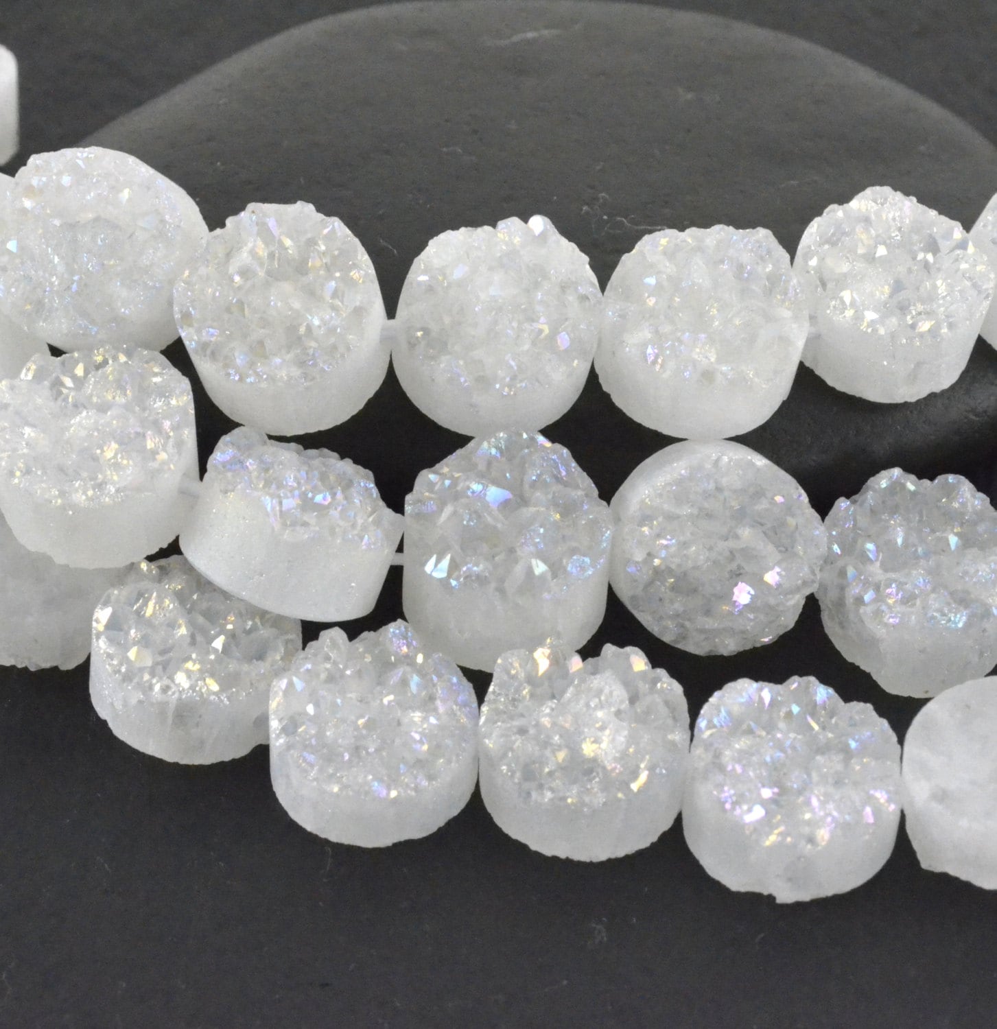 White Druzy Quartz Beads Pair 14mm Metallic Gemstone