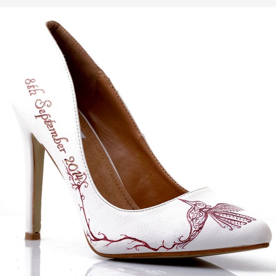 White high heel Wedding shoes with Tribal bird illustration for brides ...