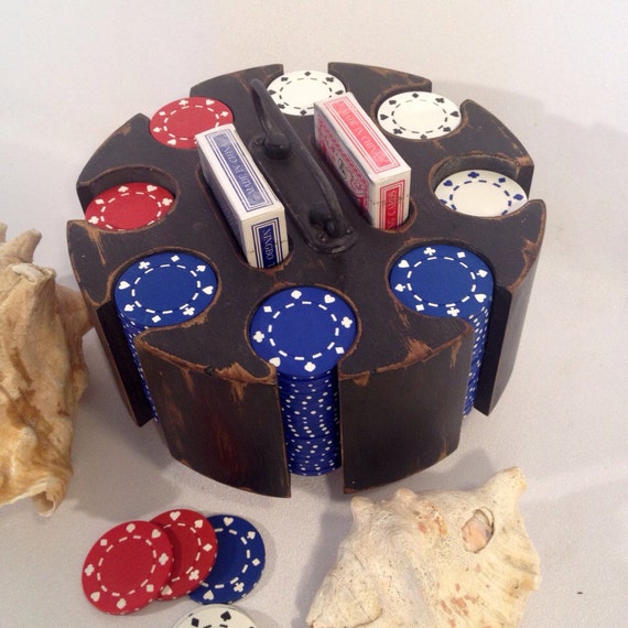 Rustic Black Round Wooden Poker Chip And Card Rack Vintage