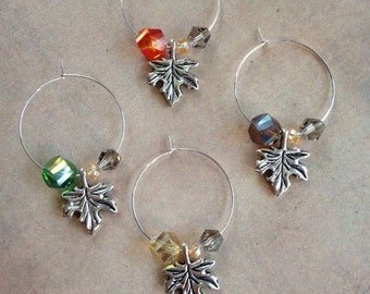 Autumn Leaves Wine Charms - Silver Plated Wine Rings and Leaf Charms, Swarovski Crystal Bicones, AB Rondelles, and AB Cosmic Cut