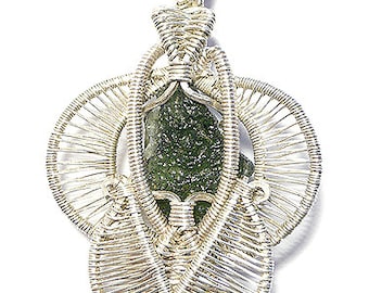 Moldovite heady wire wrap pendant , Moldovite pendant