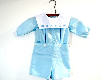 Vintage Baby Boy Light Blue Suit // One Piece Baby Boy Outfit // Sailor Suit // Large White Collar // Truck Sailboat Air Plane