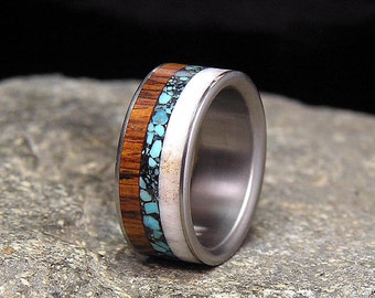 Desert Ironwood Turquoise Antler Titanium Wedding Band or Ring
