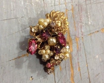 Vintage Mid-Century Original by Robert Small Pendant and Brooch with Pink and Clear Rhinestones and Faux Pearls