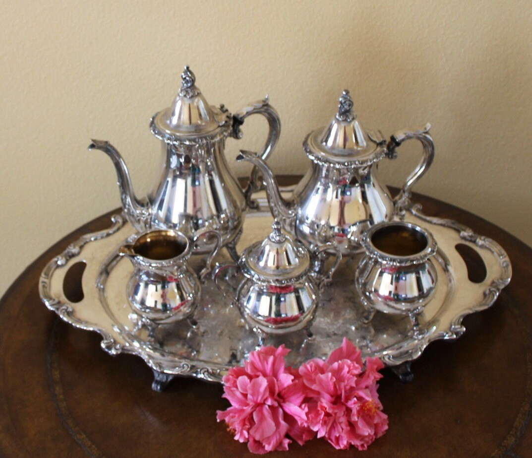 6 Pc Wallace La Reine 1100 Silver Tea Coffee Set w Tray