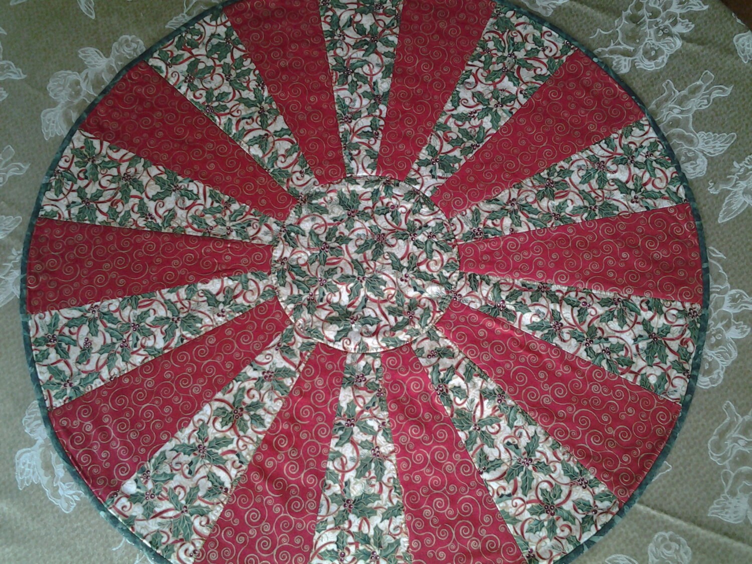 Christmas Round Table Topper Quilted Holly Berry Red and