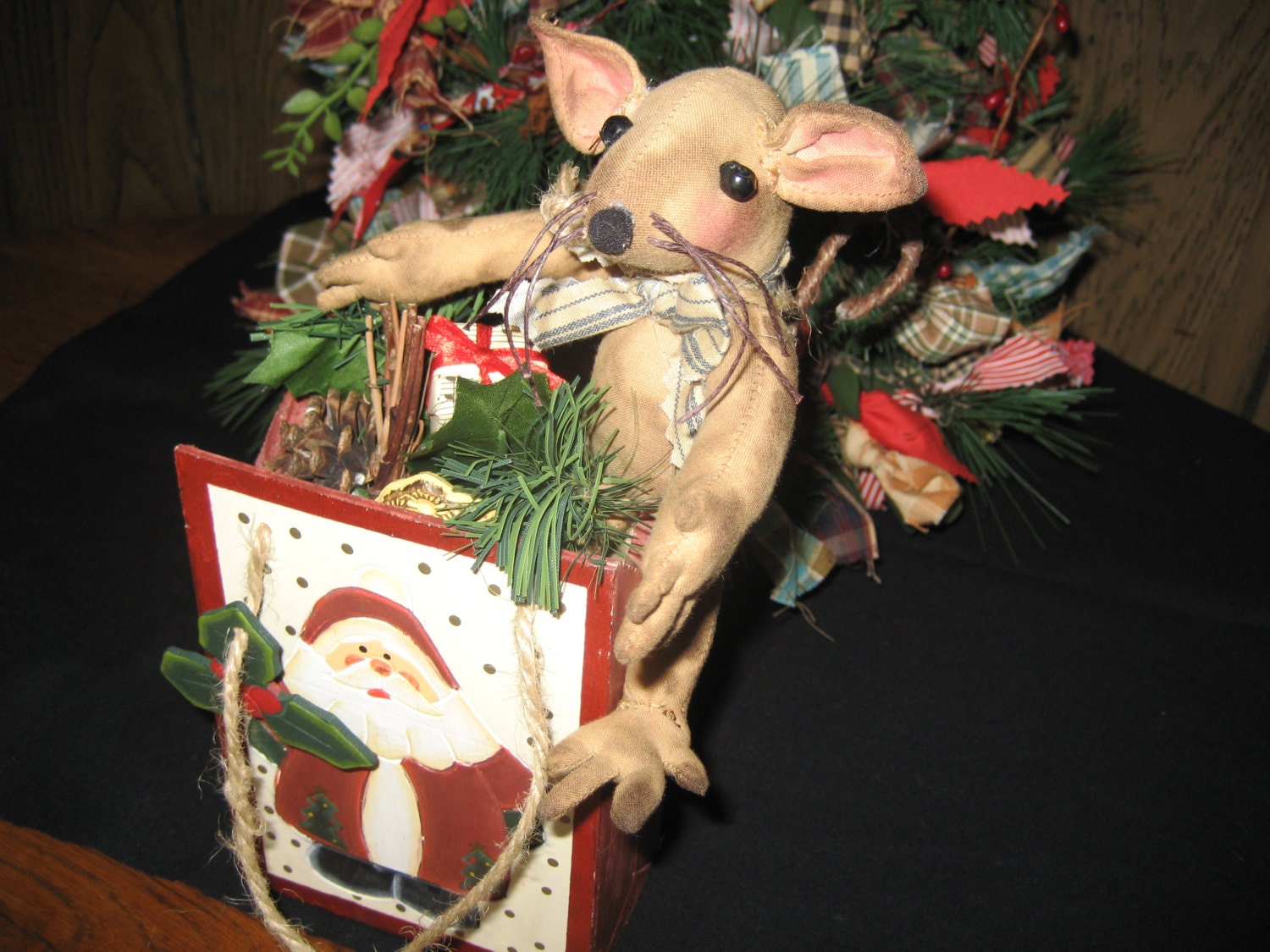 Primitive Mouse in Wood Christmas Box. Overall Height 10" Mouse is 7" Tall