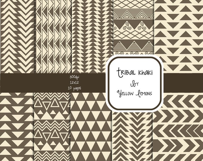 Tribal brown and cream Digital Paper: "TRIBAL ANGELS" with tribal patterns, in brown and cream, triangles, patterns for scrapbooking, cards