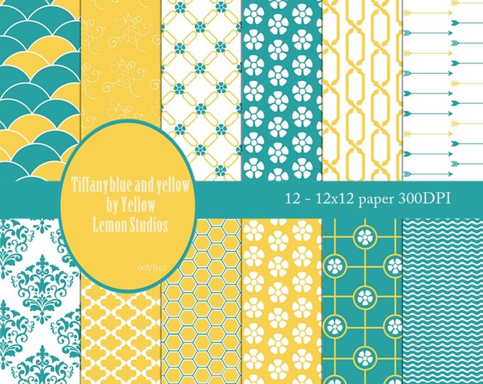 INSTANT DOWNLOAD- Blue and yellow with a dash of white matching papers patterns texture scrapbooking background