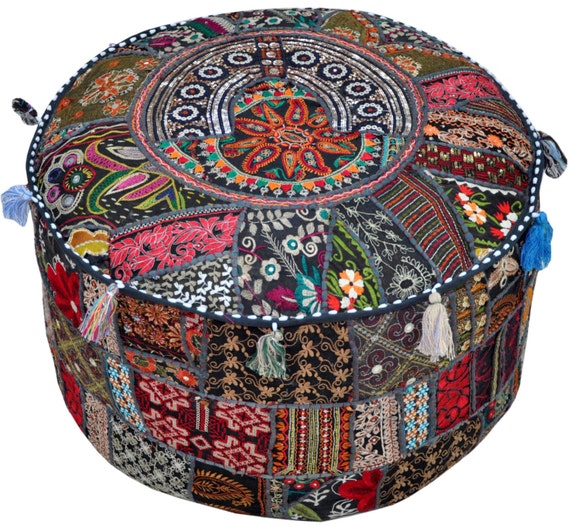 XL Black tufted Pouf Ottoman floor pillow round by BeingGypsy