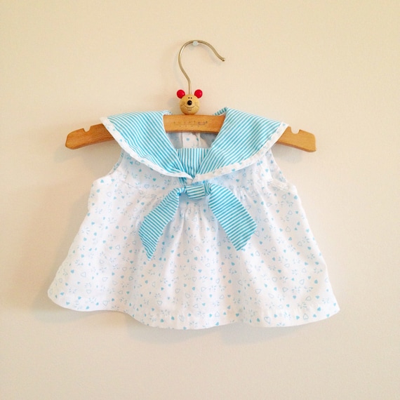 Vintage Baby Girl Sailor Dress Nautical Aqua Heart Print Sundress tunic shirt Summer infant clothes size 3-6 months