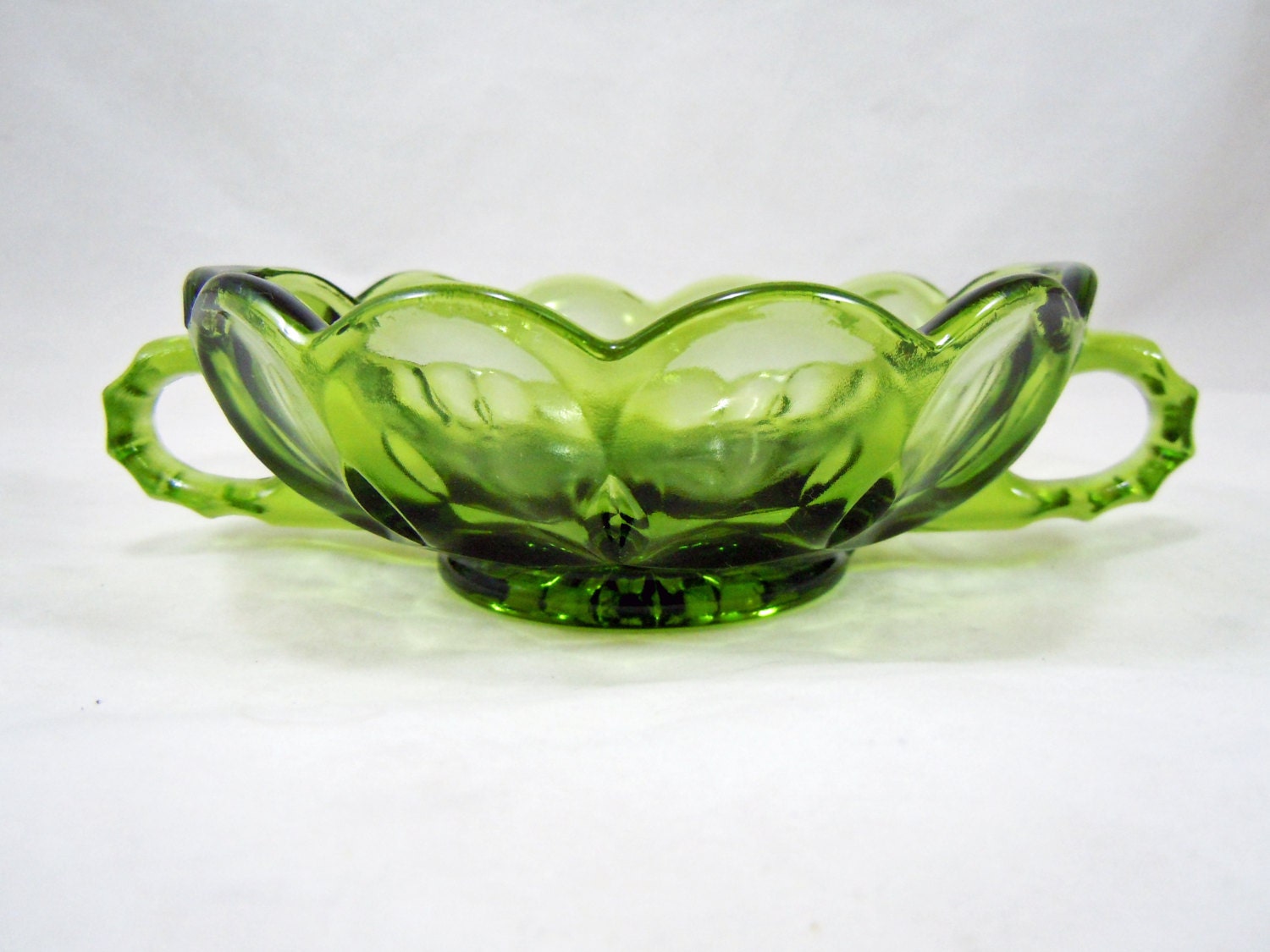 SALE Candy Dish Bowl Green Glass Double Handled Vintage Home Decor