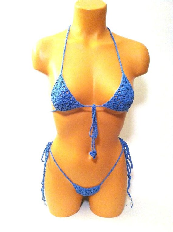 Blue Crochet Micro Thong Gstring Bikini by Tiny Pansy