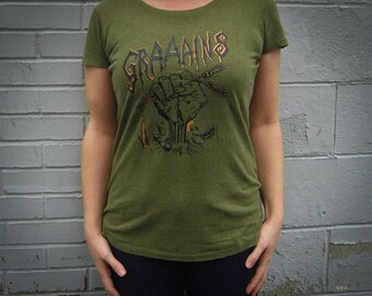 Zombie Woman's Hemp Blend T-shirt, "GRAAAINS" Army Green, Vegan