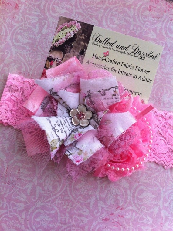 Pink French Script/ Shabby Chic Headband/ Girls Hairclip/ Baby Headband/ Womens Headband/ Flower Brooch Pin/ Hat, Dress Sash Embellishment