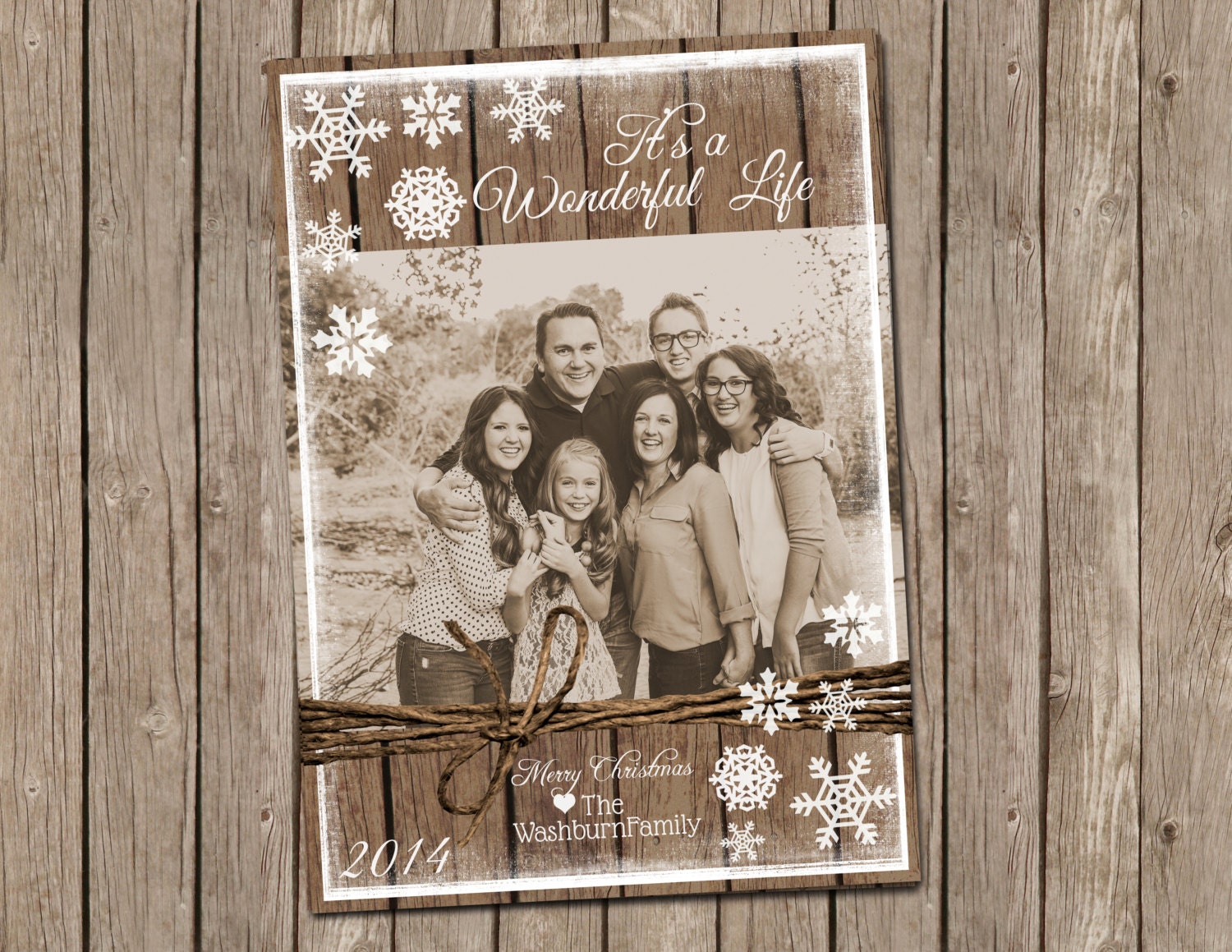 Rustic Wood Christmas Photo Card with Snowflakes printable