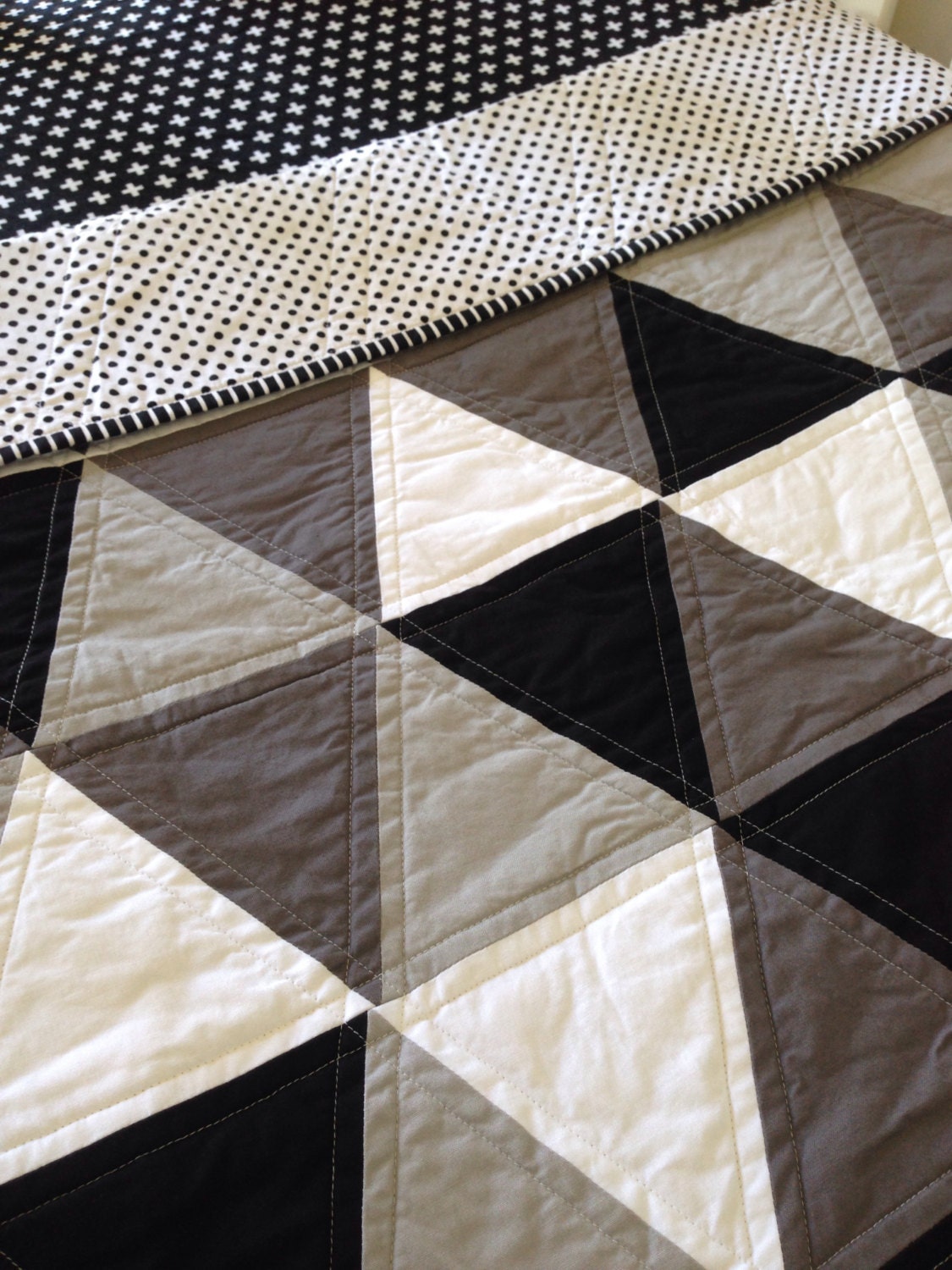Geometric Triangle Monochrome Cot Quilt Grey Black by RosaleesRoom
