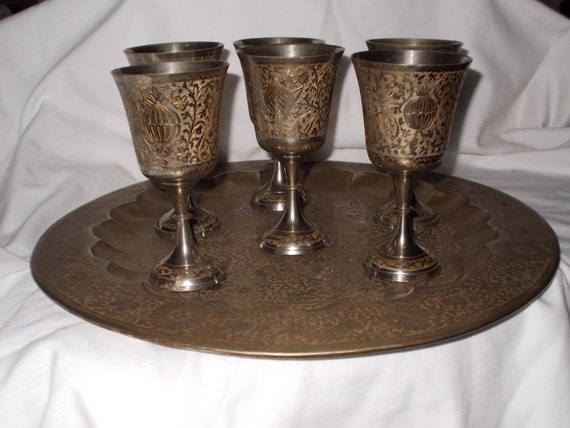 Vintage 7pc World Gift Z.Y. India Tray and Goblets