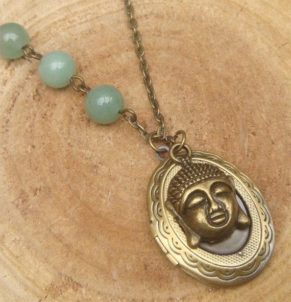 Antique Brass Buddha Jade Locket Necklace Victorian by locketgift