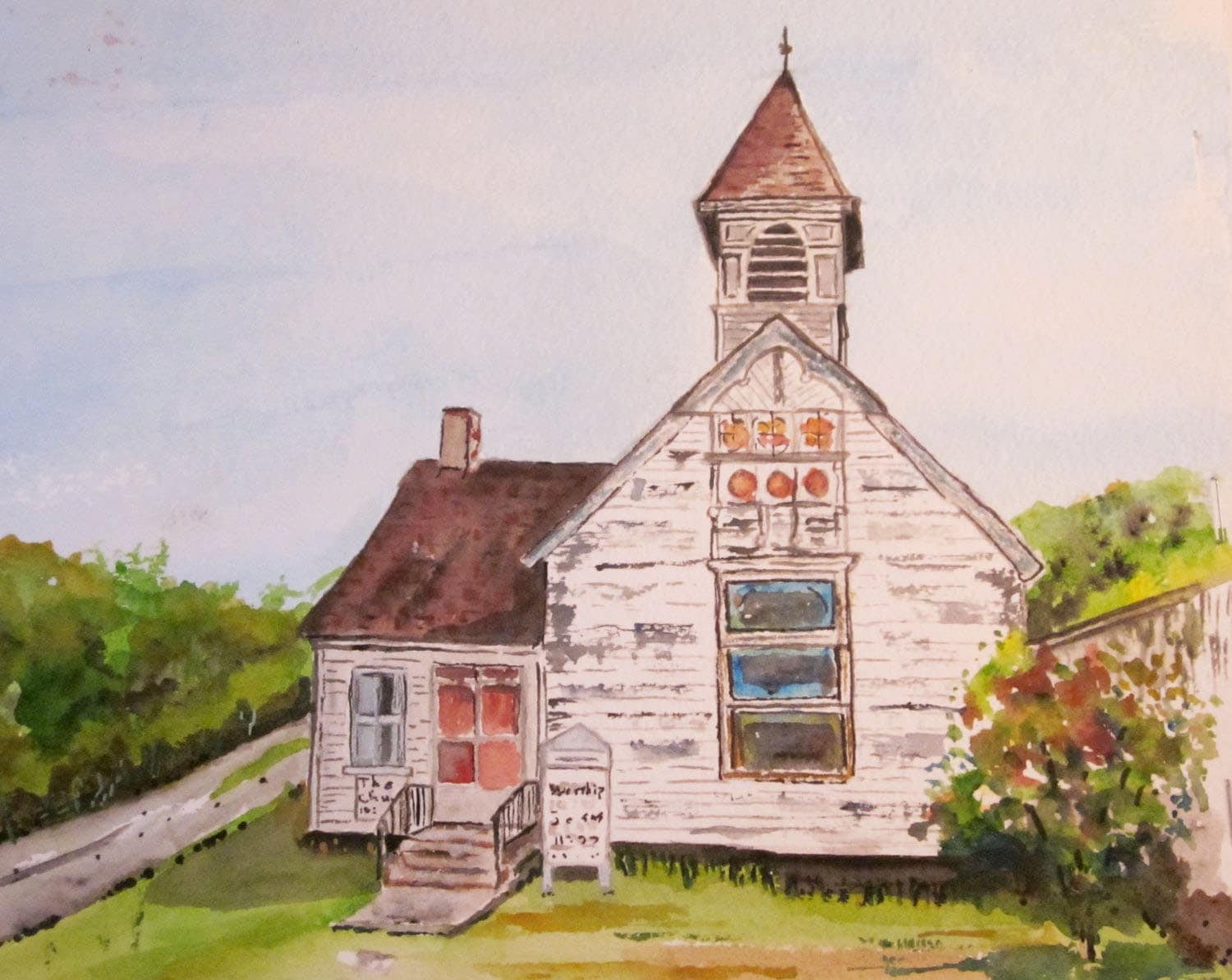 Country Church watercolor print old church countryside