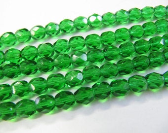 Faceted 6mm Round Beads Fire Polished Glass Beads, Green, Czech Glass, 25 beads, Choose One or Two Strands, Emerald