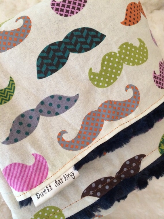 Mustache baby blanket navy minky navy nursery mustache