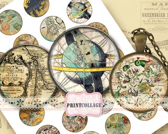 Map circle Printable images for pendants, Digital Printable Sheets 1.5 inch, 1 inch 18 mm 14 mm circles magnets cab settings C57