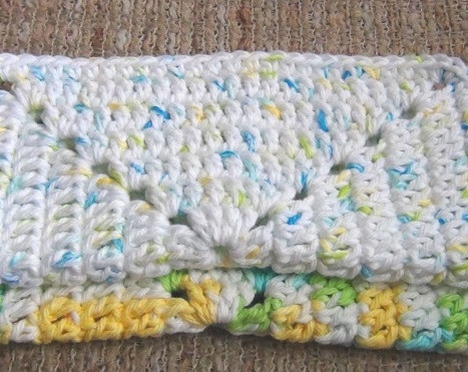 Cotton Dishcloth - Crochet Washcloth - Pure cotton Eco Friendly Cleaning - White Yellow Blue Green Variegated - 8" square