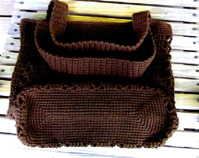 Brown Shoulder Bag - Beach Bag and Totes - Two Handled Crochet Bag - Reuseable Shopping Bag 15" w X 16" h- Crochet Acrylic Market Bag -