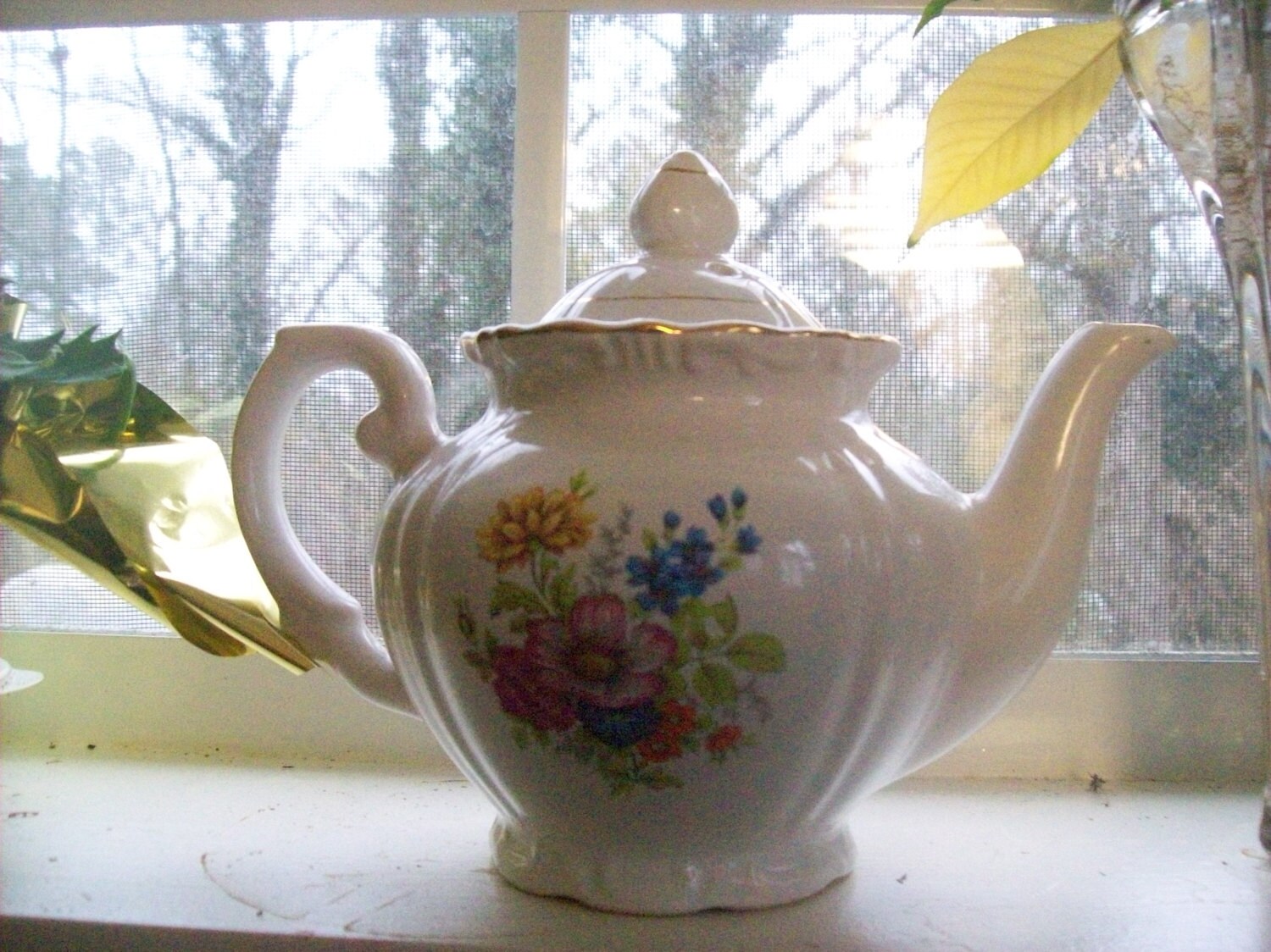 Vintage Gold Trimmed White teapot with flowers