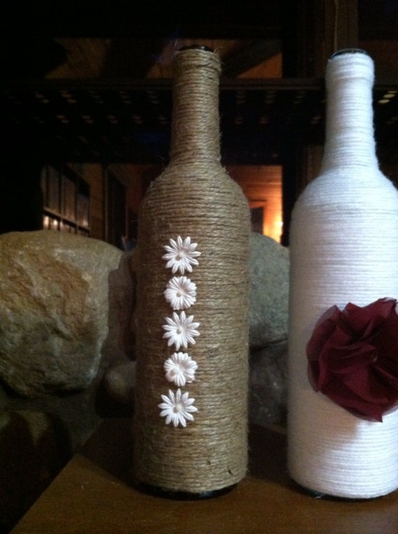 4 Twine Wrapped LOVE wine bottle vases bridal showers