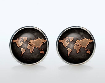 World Map Cufflinks Silver plated Old World Map Cuff links men and women Accessories Antique Vintage brown