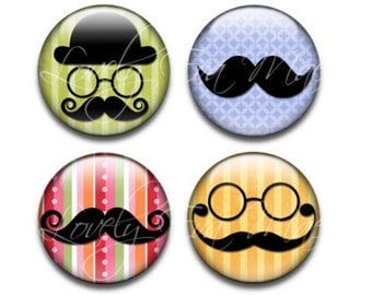 Mustache Magnets, Set of 4, Round Glass Magnets, Circle Refrigerator Magnets, Fridge Magnets