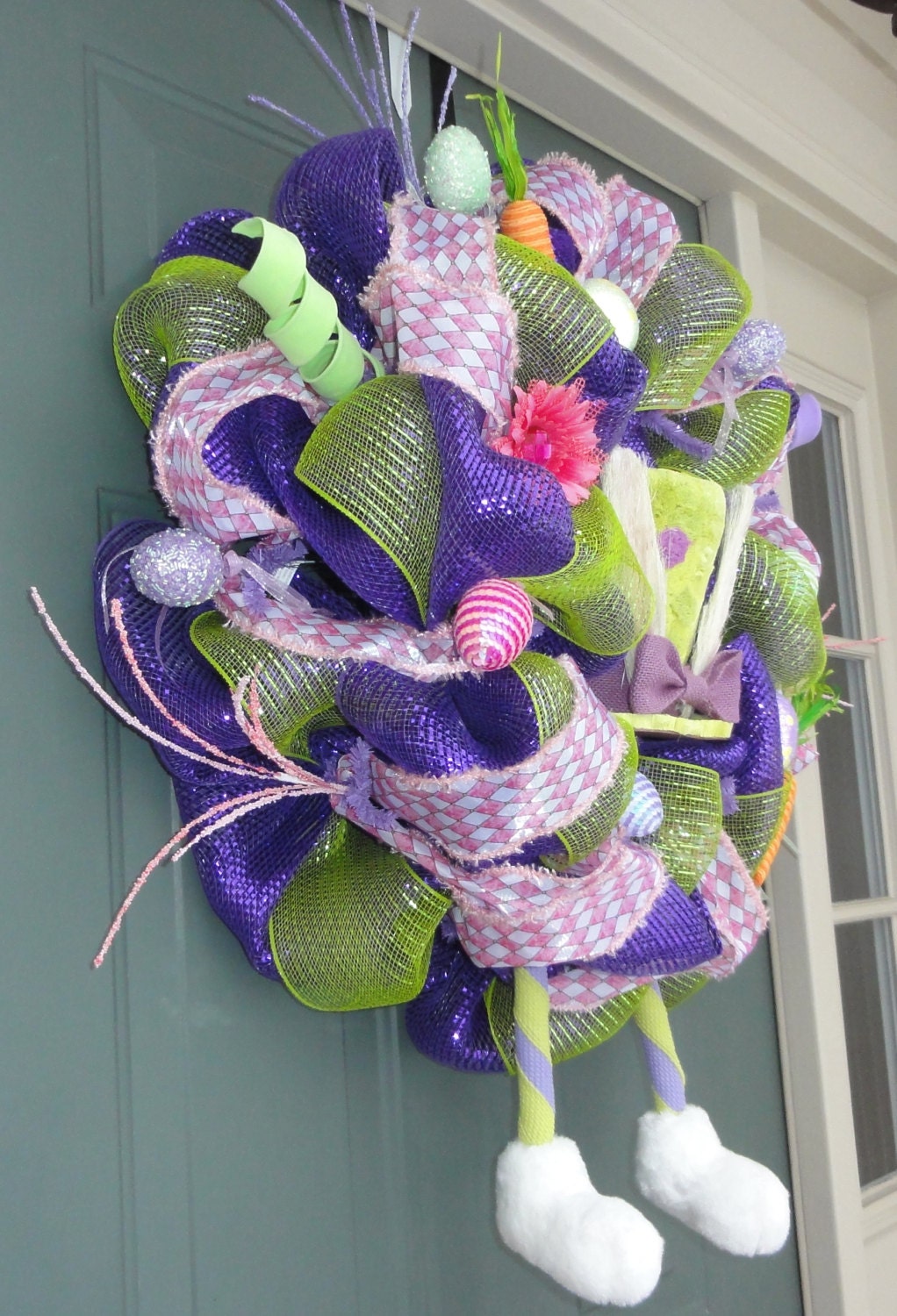 Purple and Green RAZ Easter Bunny with Legs Wreath Easter