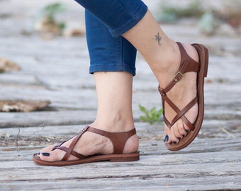 Brown Leather Sandals, Brown Sandals, Summer Shoes, Flat Sandals , Free Shipping