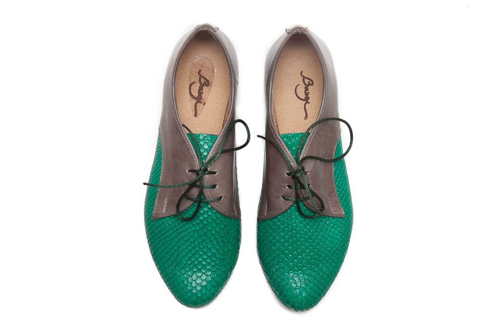 Green Leather Shoes Green Oxford Shoes Close Shoes Flat