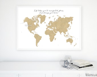 Custom quote, size and color PRINTABLE world map, gold glitter map, gold map, gold world map, gold nursery decor diy - 36x24" 30x20"- map035