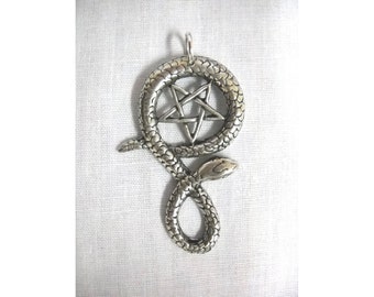 New Satanic Occult Inverted 5 Point PENTAGRAM STAR in Twisted Serpent SNAKE Solid Hand Cast Pewter Pendant on Adjustable Cord Necklace
