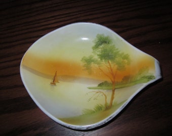 Vintage Hand Painted Nippon Spoon Rest Showing a Gorgeous Water Scene with Sunset