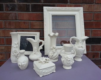 Set Of 9 Ceramic Vases And Frames With Annie Sloan Old White Paint