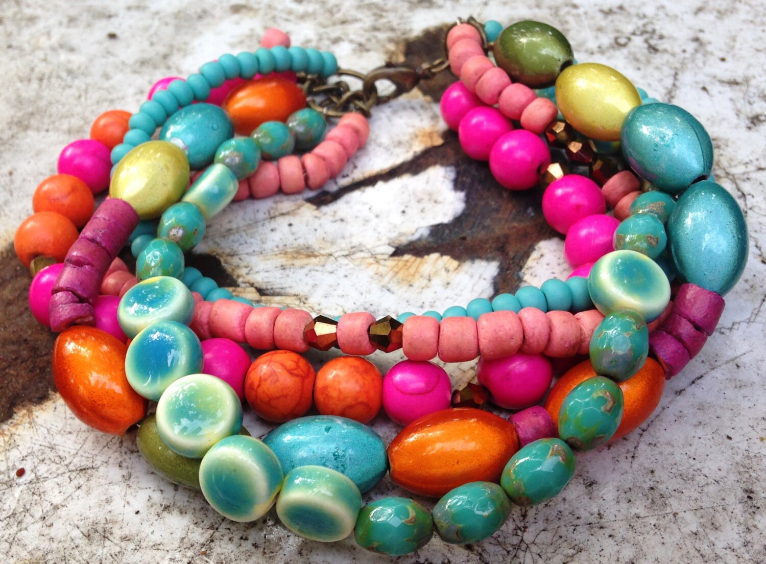 Bright Multi Strand Bracelet Artisan Handmade Turquoise Pink