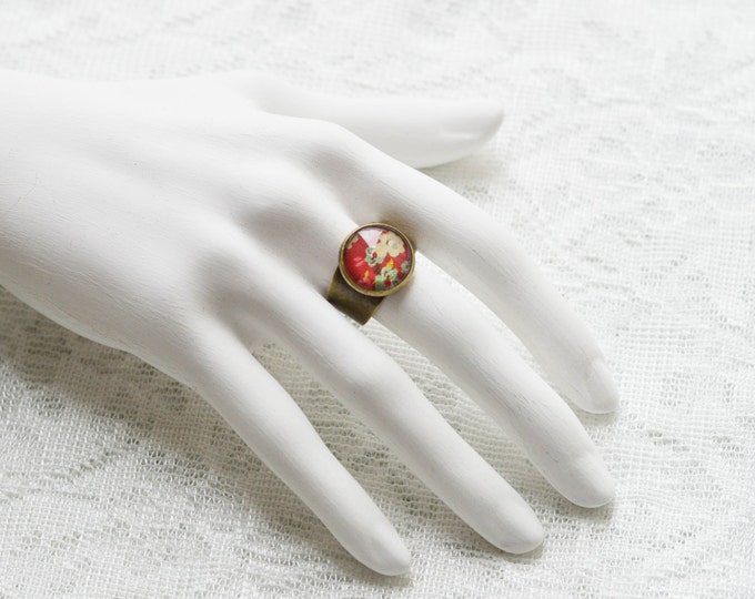 VINTAGE FLOWERS Dimensionless ring with round plug from glass with floral ornament