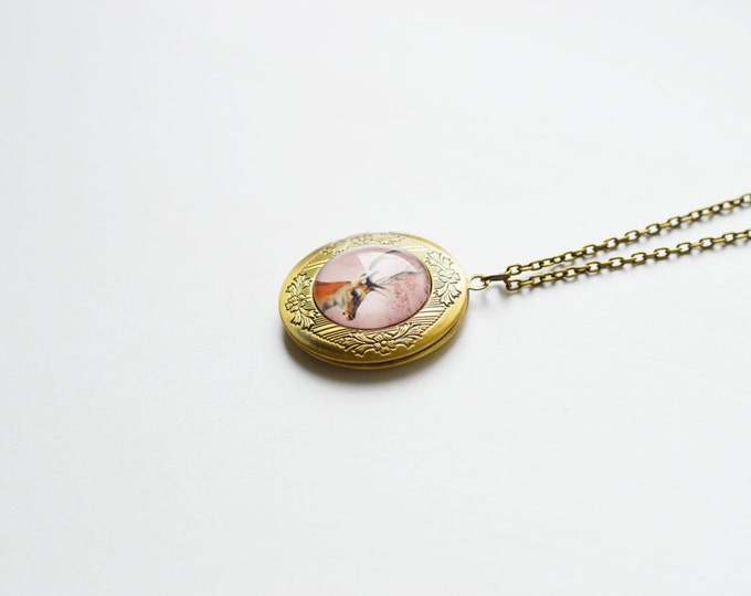IN THE FOREST Round locket brass and glass with animal deer in retro and vintage style
