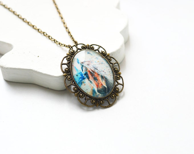 SALE! Oval pendant metal brass with the image of horses under glass