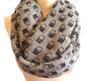 Owls print infinity scarf, spring scarf, owl scarf, print scarf women, loop scarf, grey scarf
