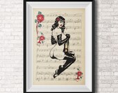 Pin Up Girl - Vintage  - Art to Print - Wall Decor - Art Print - Betty Page - Music - Digital Illustration - Vintage Inspired - Wall Hanging