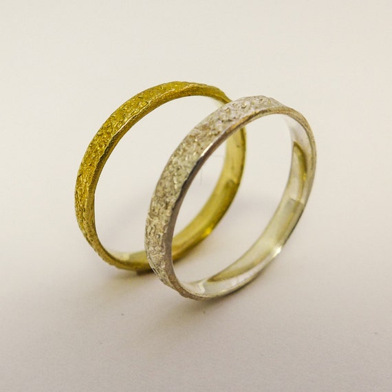 Rustic wedding rings set for men and women, 14 karat solid gold simple ...
