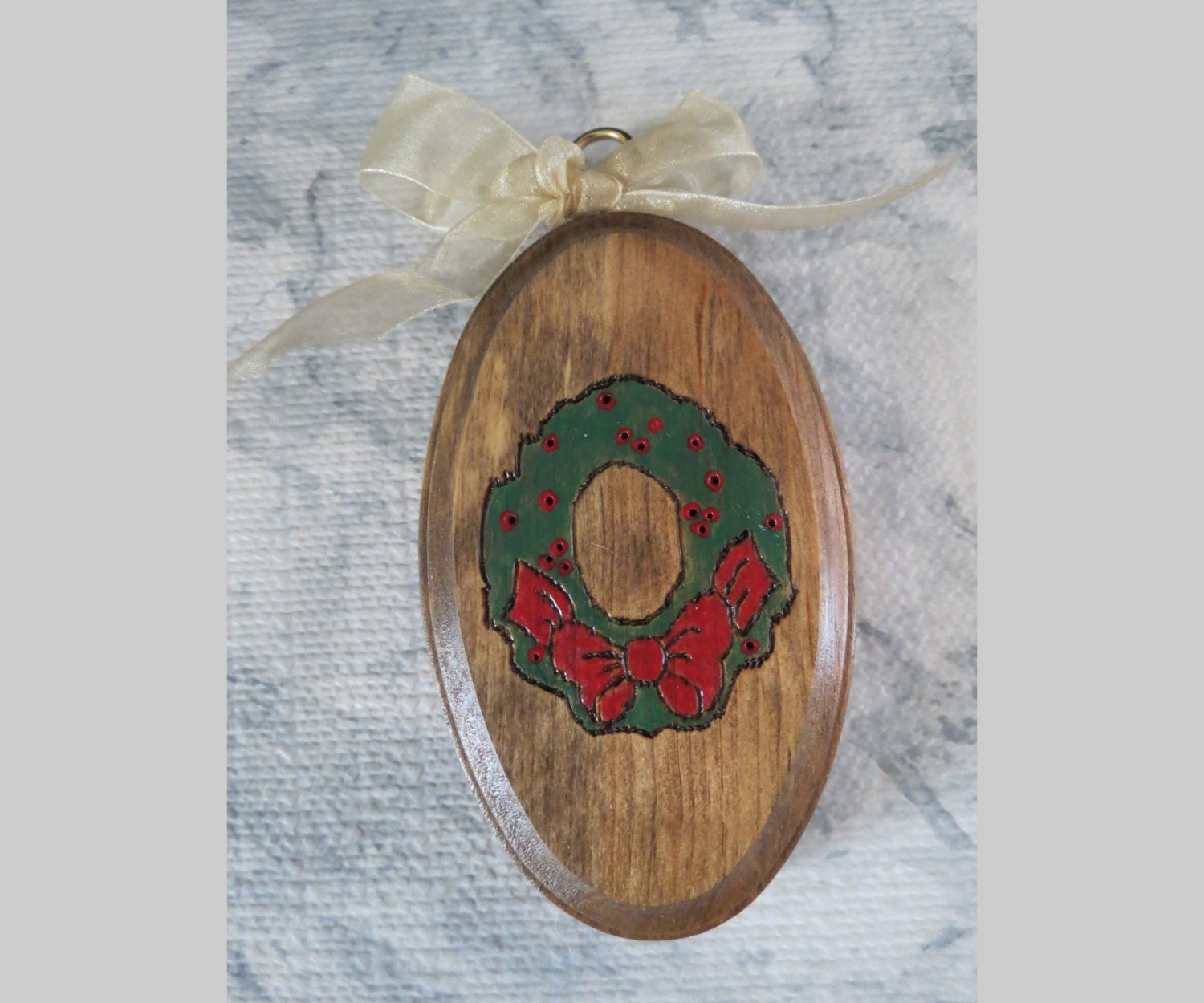 Holiday Cheer 3 x 5 inch Christmas Wreath Ornament-------a Handcrafted Laura Lynn Original!